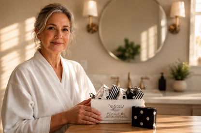 Woman holding Tea-licious gift set in spa-inspired bathroom with warm natural morning light.