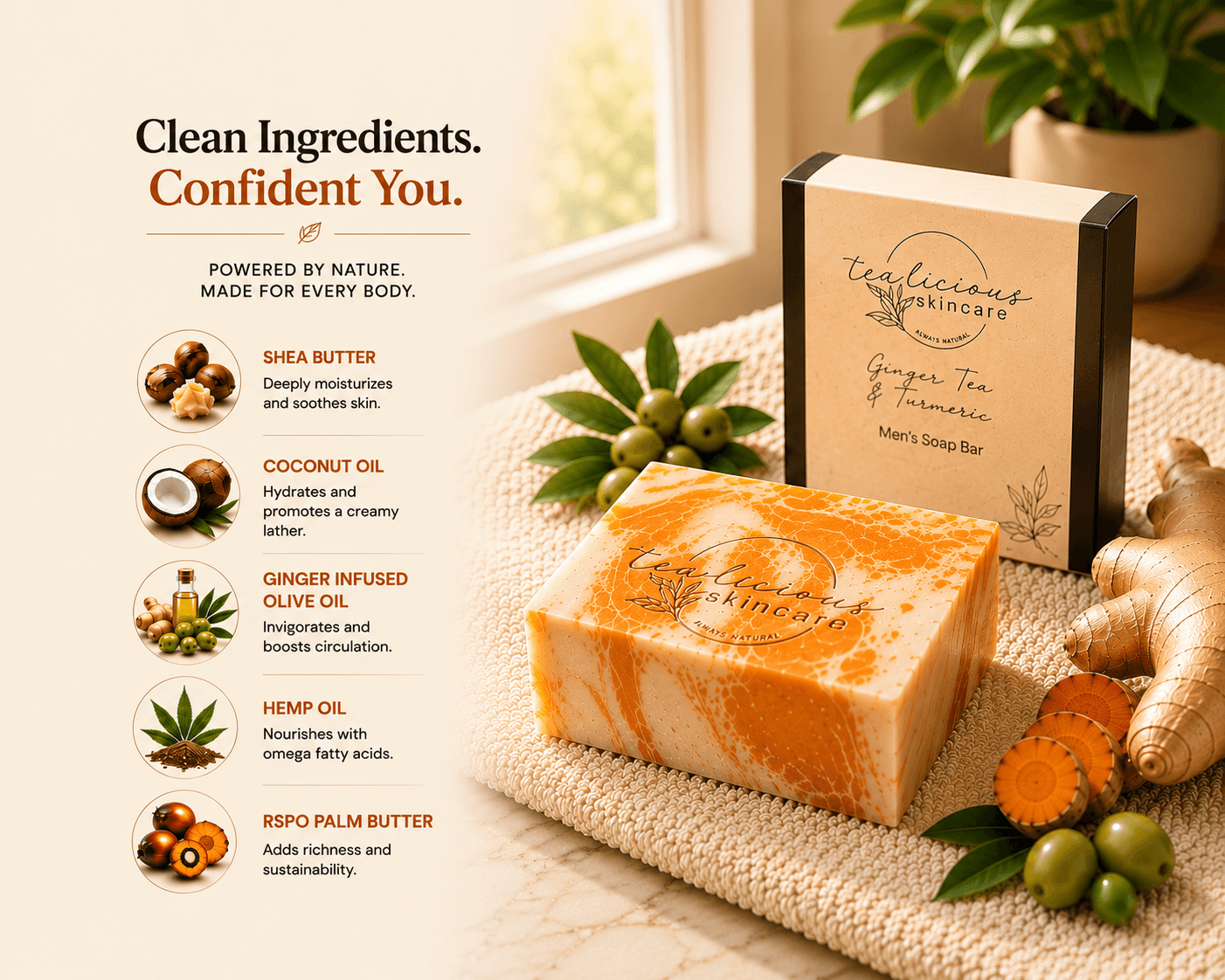 Tea-licious Ginger Tea & Turmeric soap with clean ingredient infographic in warm spa lighting.