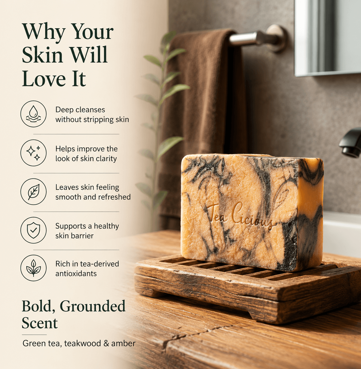 Tea-infused ginger and turmeric soap with coconut milk, hemp oil, and botanical ingredient benefits.