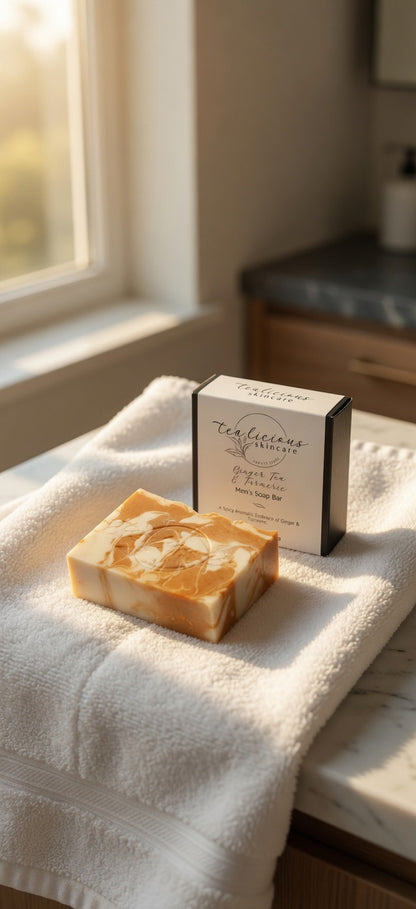 Tea-licious ginger tea turmeric soap on white towel in warm morning light with product packaging nearby