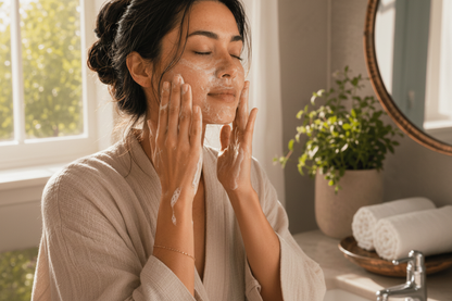 Woman spraying Tea-licious Ginseng Tea hydrating mist on face with real skin texture in warm spa light