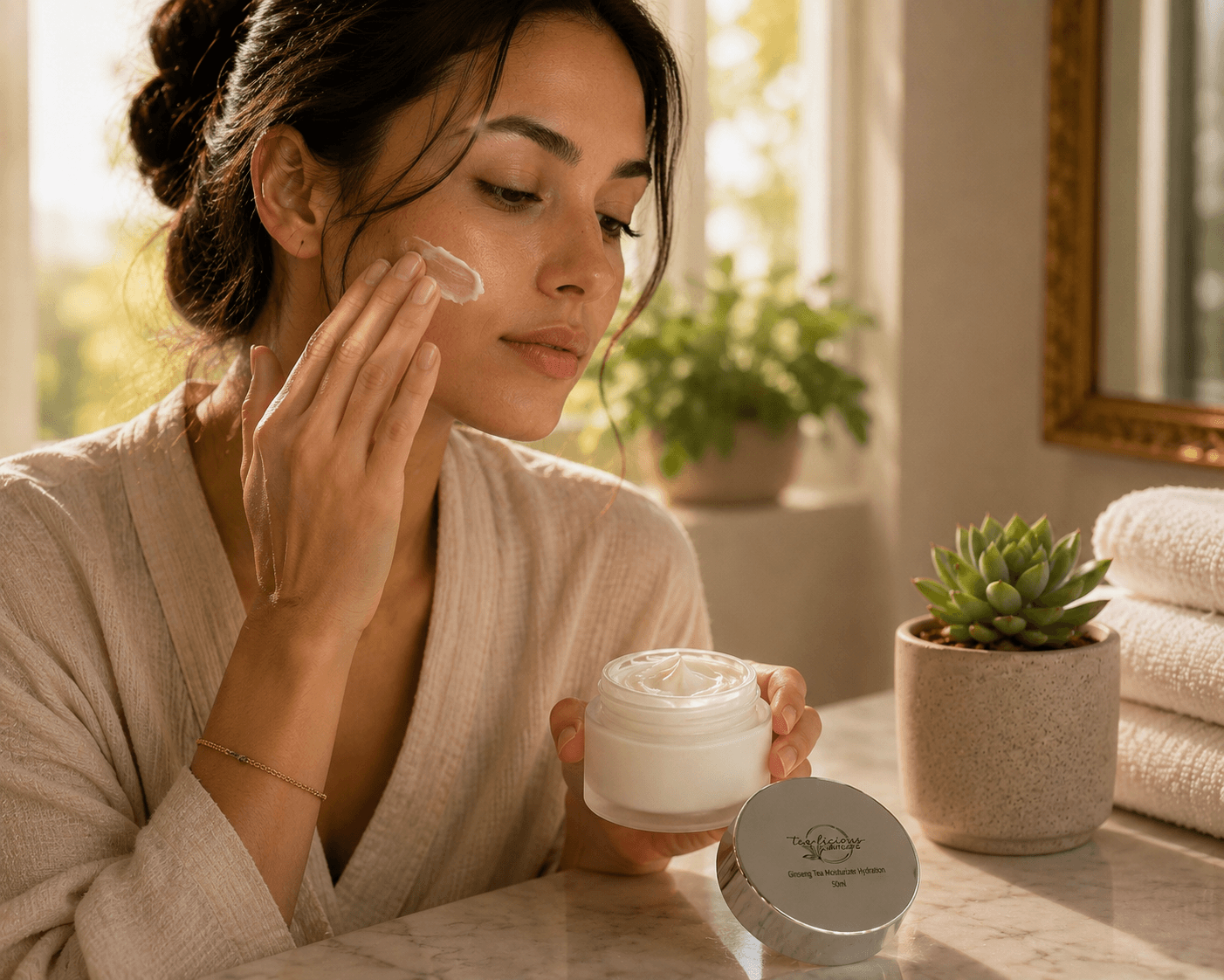 Woman scooping thick Tea-licious Ginseng Tea moisturizer to show rich texture in warm spa bathroom