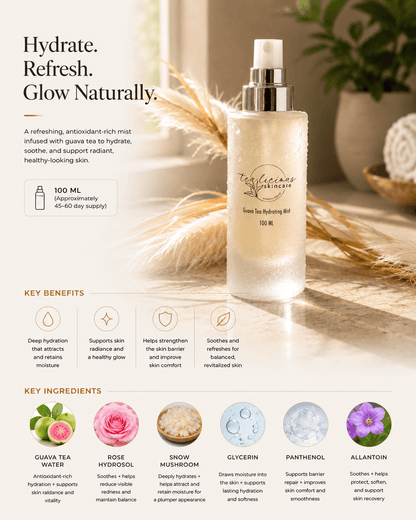Tea-licious Guava Tea Hydrating Mist with guava tea, rose hydrosol, and snow mushroom.
