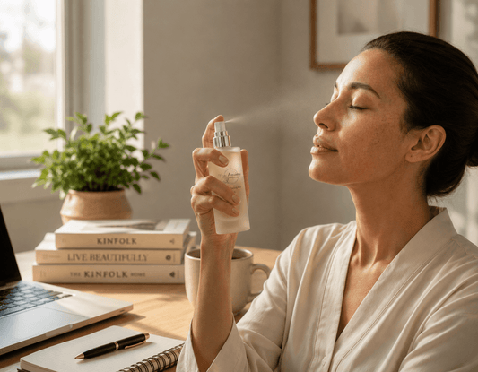 Woman using Tea-licious Guava Tea Hydrating Mist at work desk with laptop, books, and natural light.