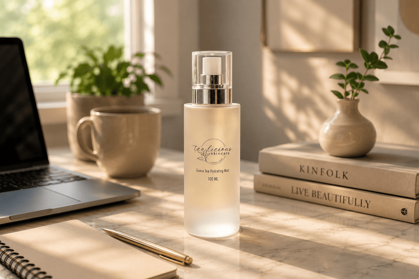 Tea-licious Guava Tea Hydrating Mist on elegant work desk with laptop, books, mug, and morning light.