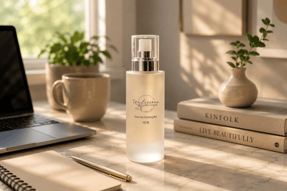 Tea-licious Guava Tea Hydrating Mist on elegant work desk with laptop, books, mug, and morning light.