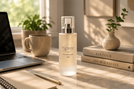 Tea-licious Guava Tea Hydrating Mist on elegant work desk with laptop, books, mug, and morning light.
