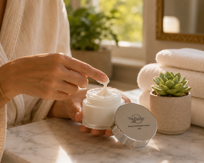 Woman applying Tea-licious Guava Tea moisturizer with real skin texture in warm luxury bathroom