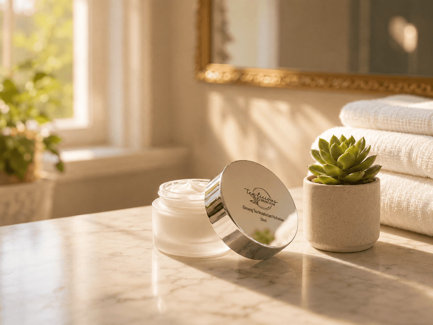 Tea-licious guava Tea moisturizer sitting on marble countertop in warm spa setting