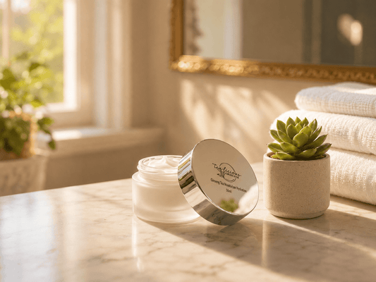 Tea-licious guava Tea moisturizer sitting on marble countertop in warm spa setting