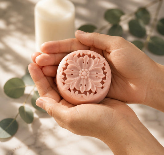 A decorative, round, carved pink solid  lotion bar resting on top of two neatly folded white towels next to a window, a small glass bottle of oil, and a white orchid.