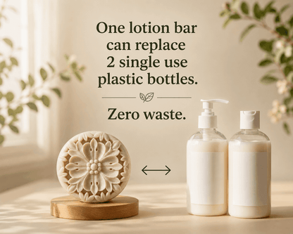 Tea-Licious handcrafted floral soap beside creamy tea-infused body wash bottles in soft natural morning light.