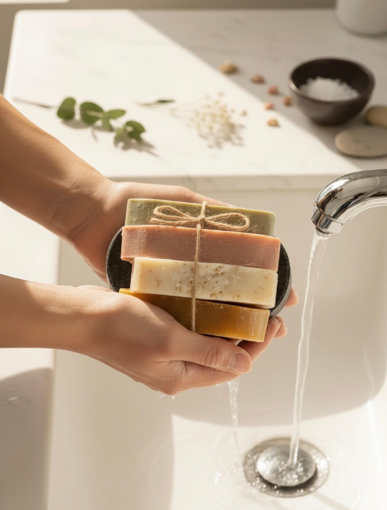 Hands holding a collection of handcrafted Tea-licious soap bars beside running water and sink.
