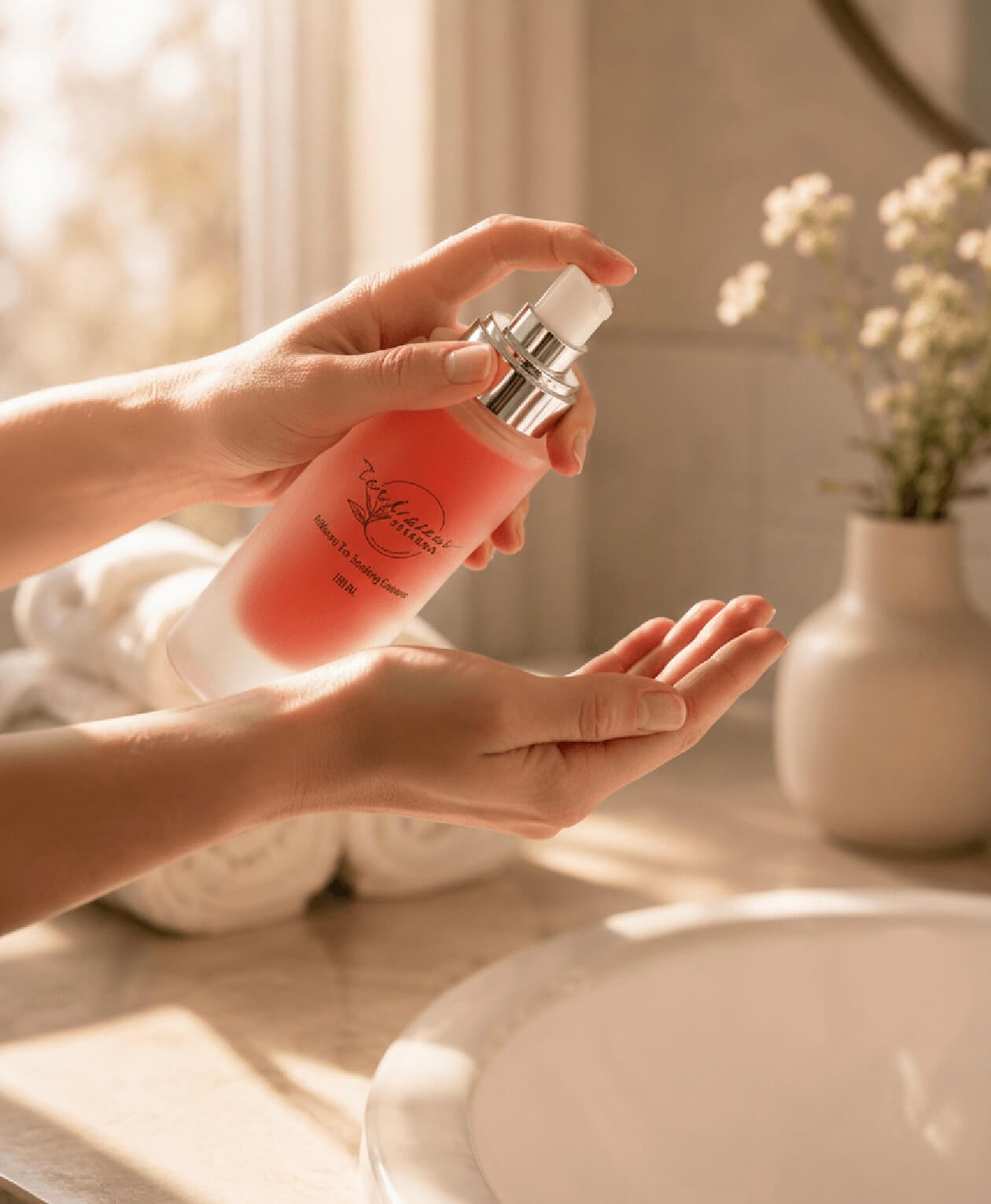 Hibiscus Tea Soothing Cleanser being dispensed into hands in a bright spa-inspired bathroom.