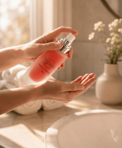Hibiscus Tea Soothing Cleanser being dispensed into hands in a bright spa-inspired bathroom.