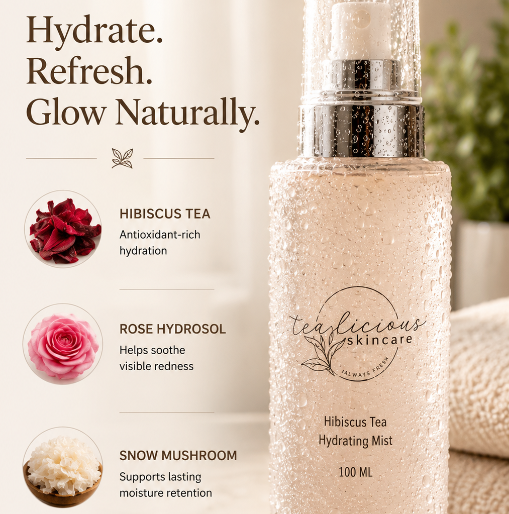 Clinical shot of Tea-licious Hibiscus Tea Hydrating Mist with soothing botanical 