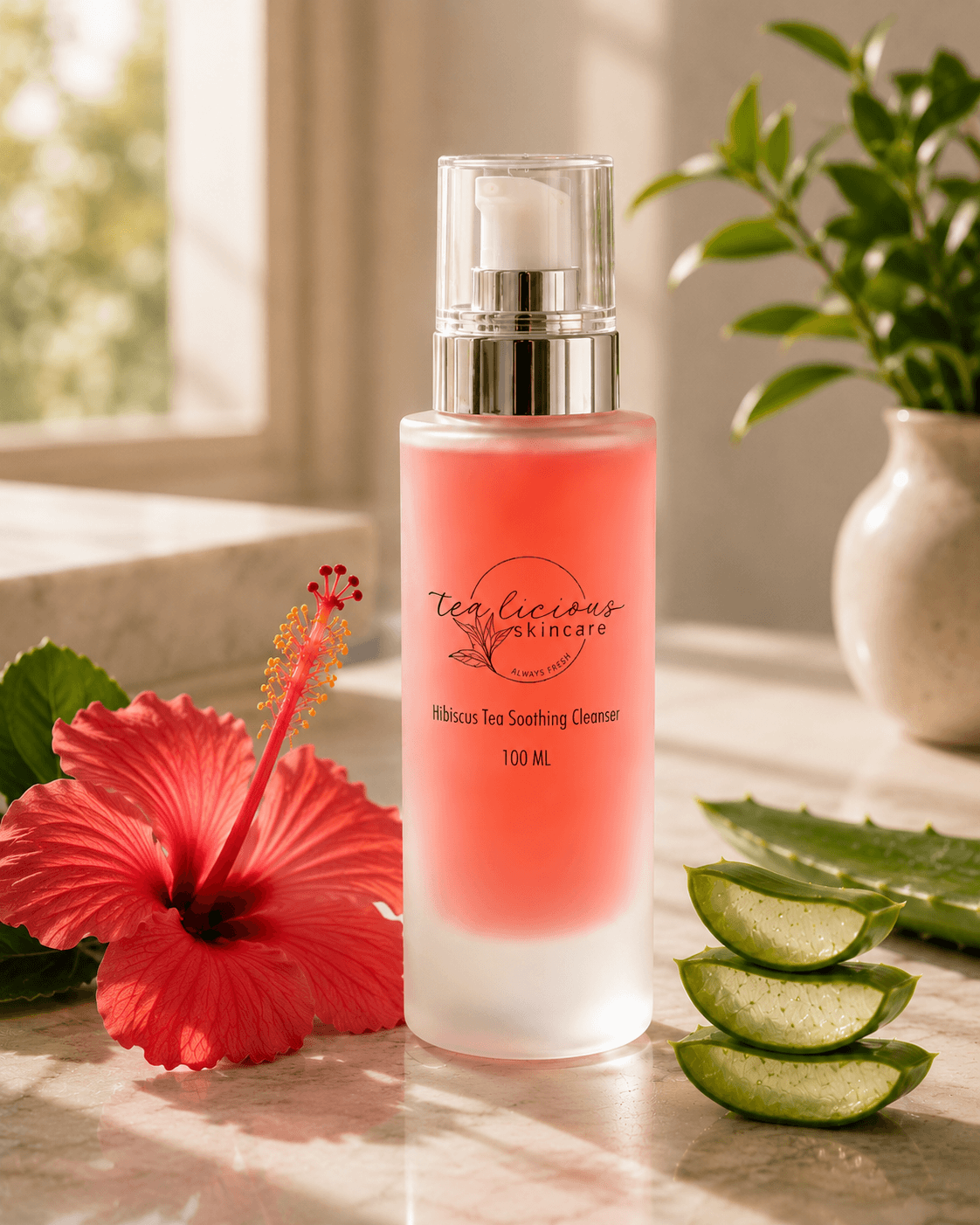 Tea-licious Hibiscus Tea Soothing Cleanser with hibiscus flower and aloe in soft natural light