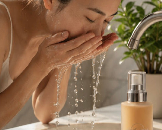 Woman washing face beside Tea-licious Kigelia cleanser in warm luxury bathroom morning light