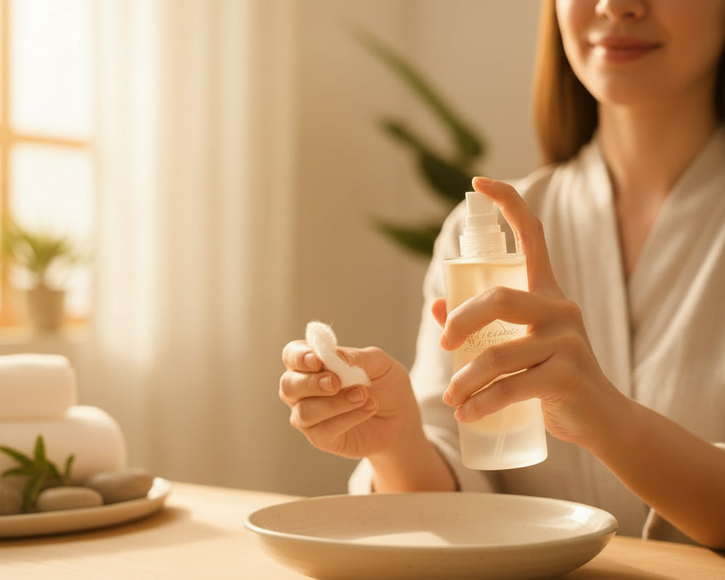 Close-up of model applying Tea-licious Kigelia Hydrating Mist with visible real skin texture