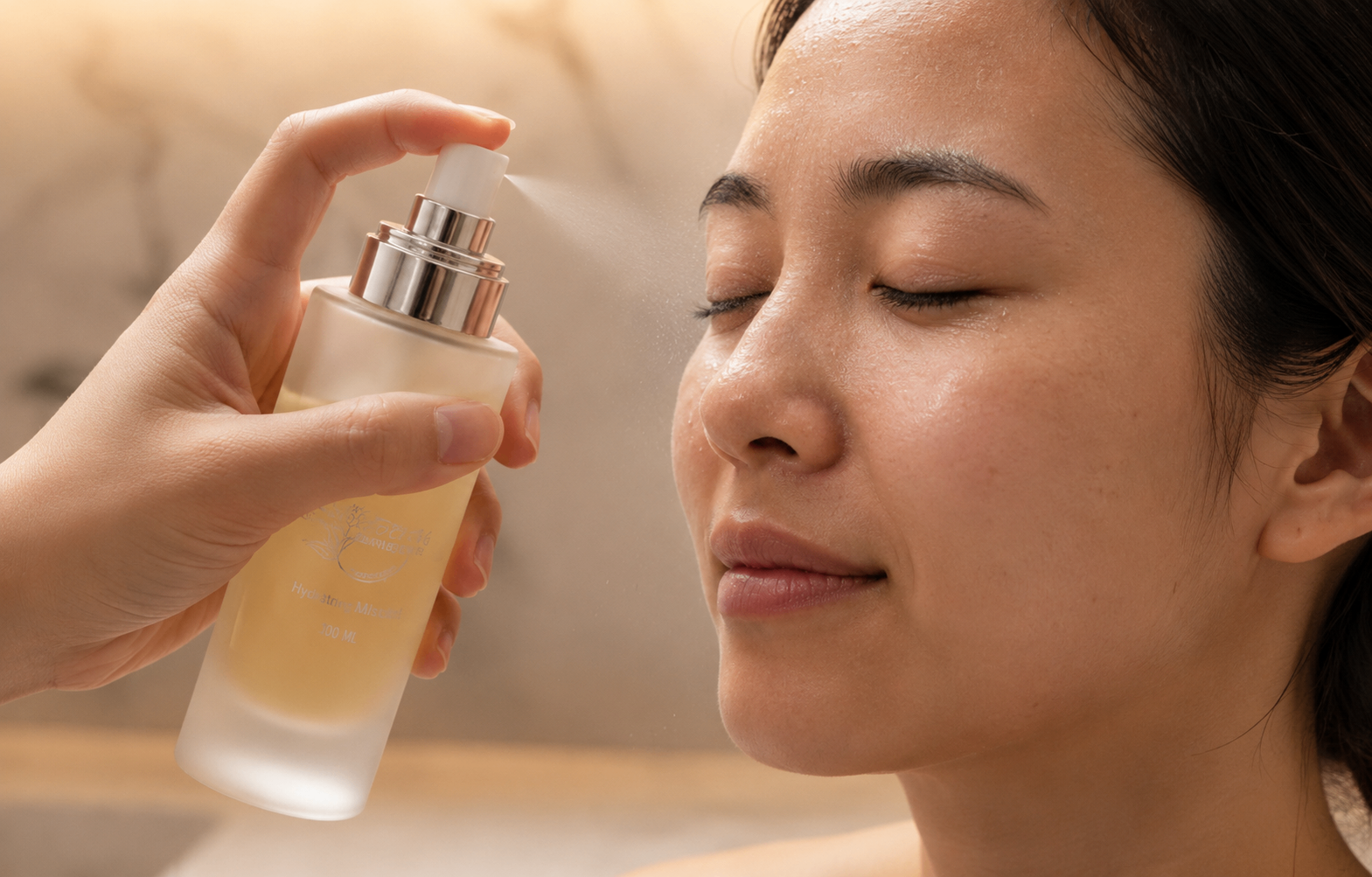 Model applying Tea-licious Kigelia Hydrating Mist with realistic skin texture in soft warm light