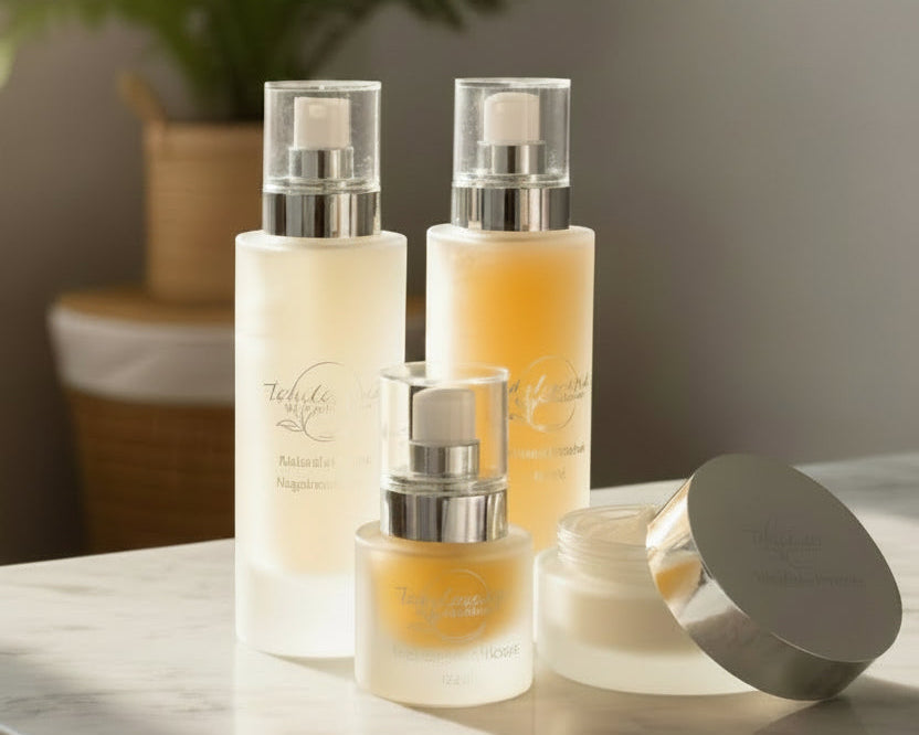 Tea-licious Kigelia skincare collection displayed on marble vanity in warm spa-inspired bathroom light