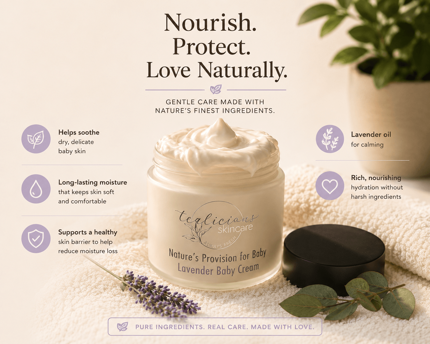 Tea-Licious Skincare lavender baby cream with lavender sprigs and botanical butters in warm natural light.