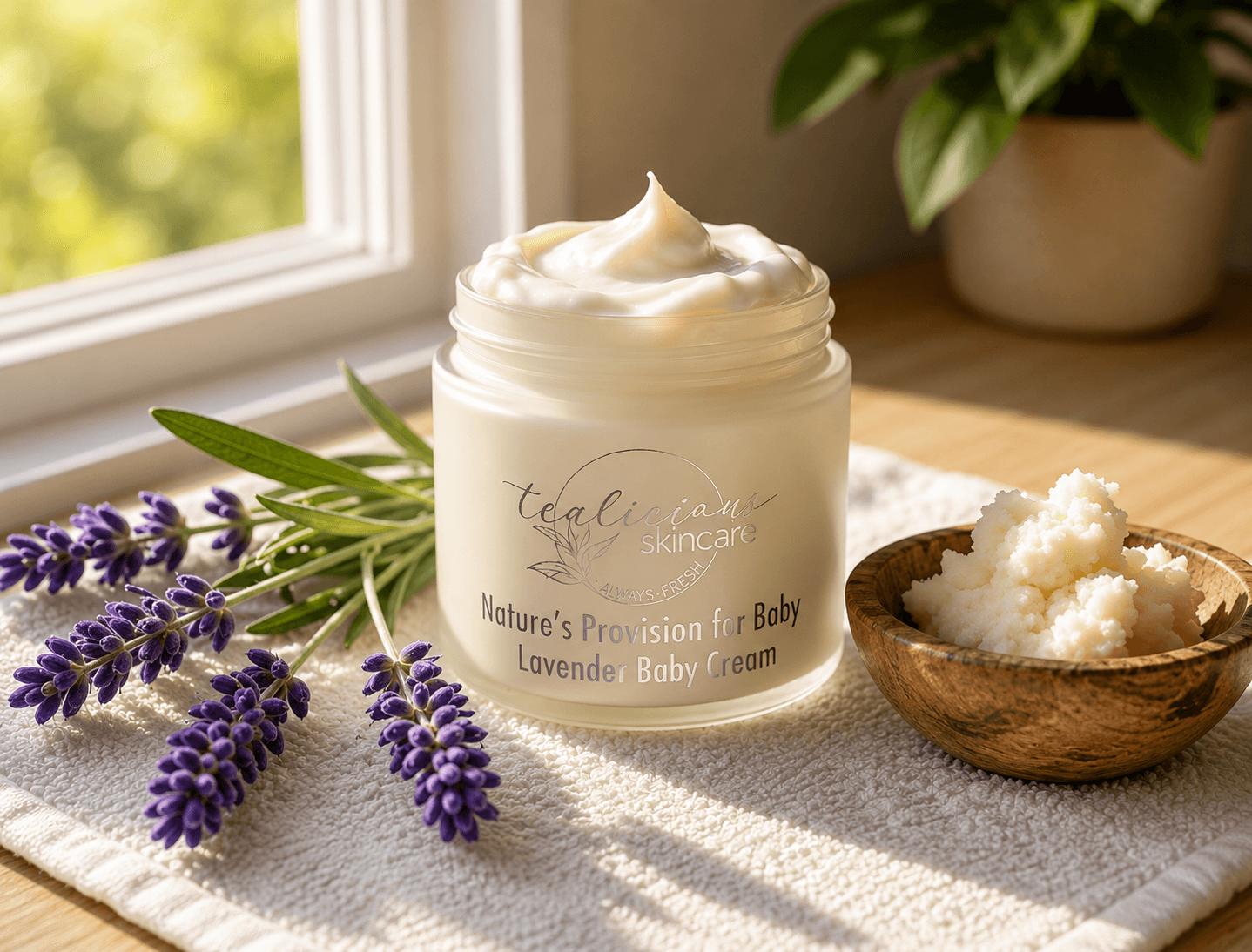 Tea-Licious lavender baby cream with lavender sprigs and botanical butters in warm natural light.