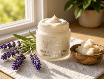 Tea-Licious lavender baby cream with lavender sprigs and botanical butters in warm natural light.