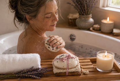 Woman enjoying a relaxing bath with Tea-licious lavender milk tea soap, candlelight, soft towels, and botanical spa atmosphere.