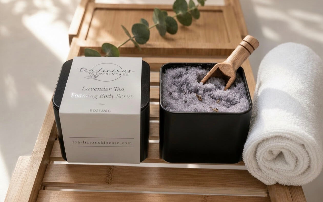 Tea-licious Lavender Tea Foaming Body Scrub gift set with sugar scrub, towel, and spa tray display.