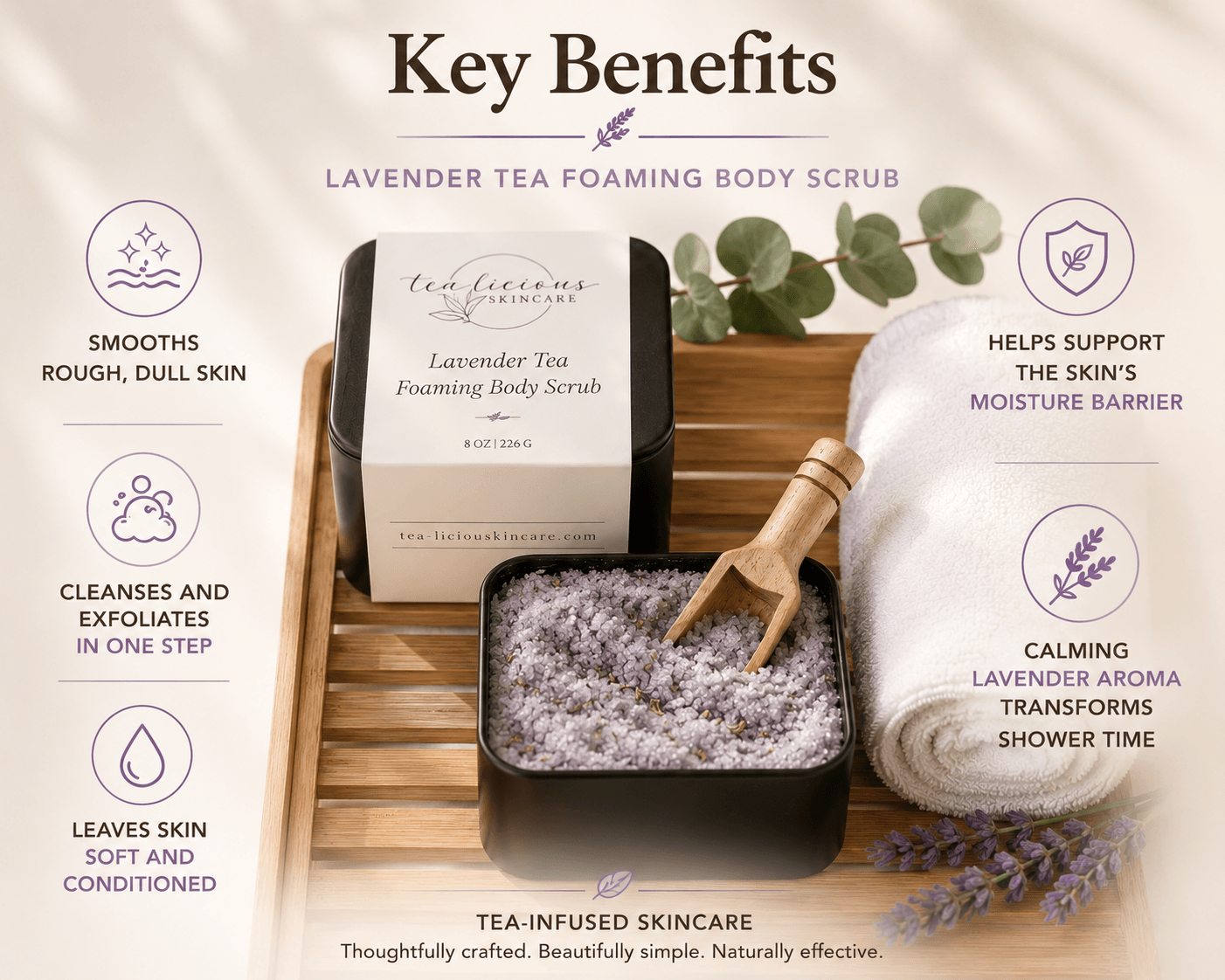 Lavender Tea Foaming Body Scrub with exfoliating, cleansing, and moisturizing skin benefits.