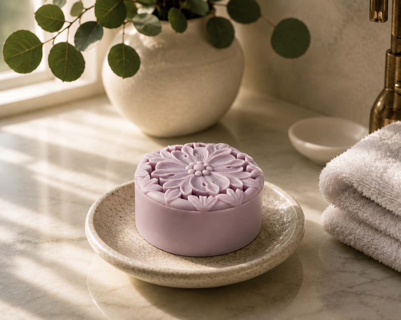 Tea-licious lavender tea lotion bar with candle and towels in elegant spa-inspired natural light.