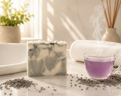 Tea-infused lavender soap clinical benefits image with calming botanicals and barrier support.