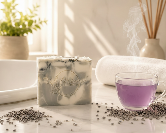 Tea-infused lavender soap clinical benefits image with calming botanicals and barrier support.