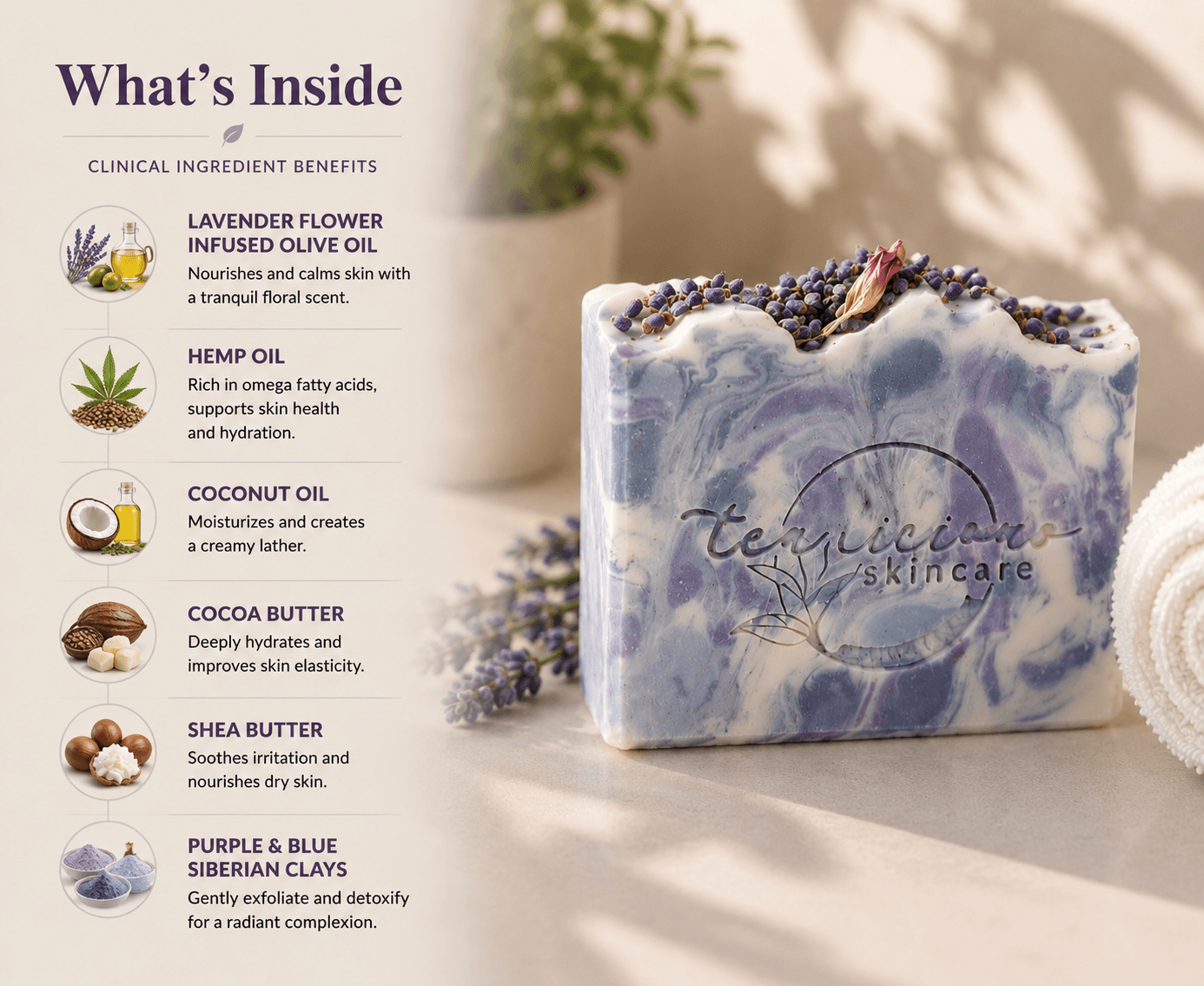 Lavender tea soap with hemp oil, cocoa butter, coconut oil and Siberian clays for gentle cleansing.