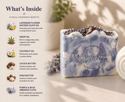 Lavender tea soap with hemp oil, cocoa butter, coconut oil and Siberian clays for gentle cleansing.
