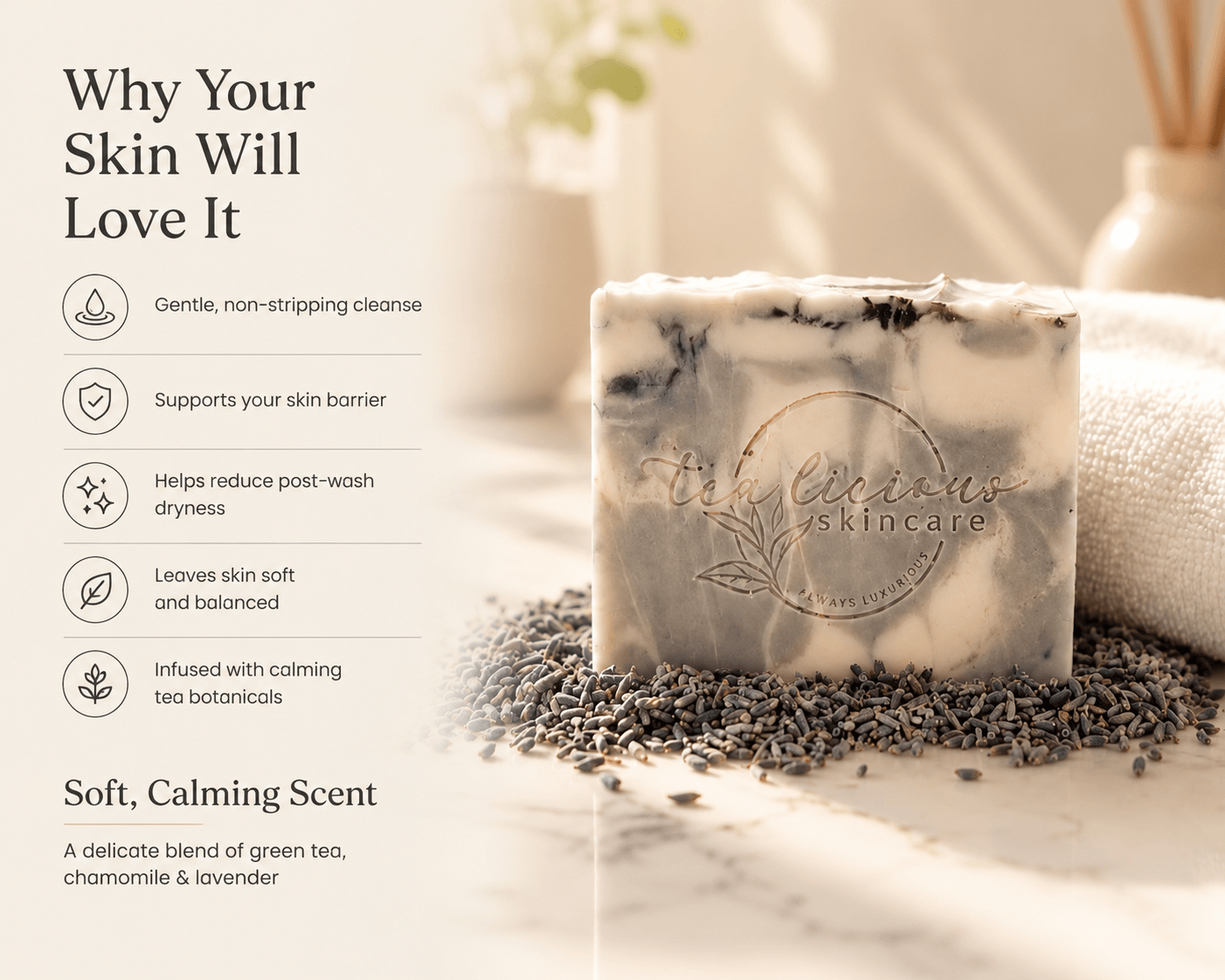 Lavender tea soap clinical ingredient infographic with goat milk, cocoa butter and lavender oils.