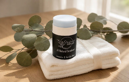 Skincare Lavender & Vanilla Bean baking soda free deodorant in a minimalist, warm morning light setting.