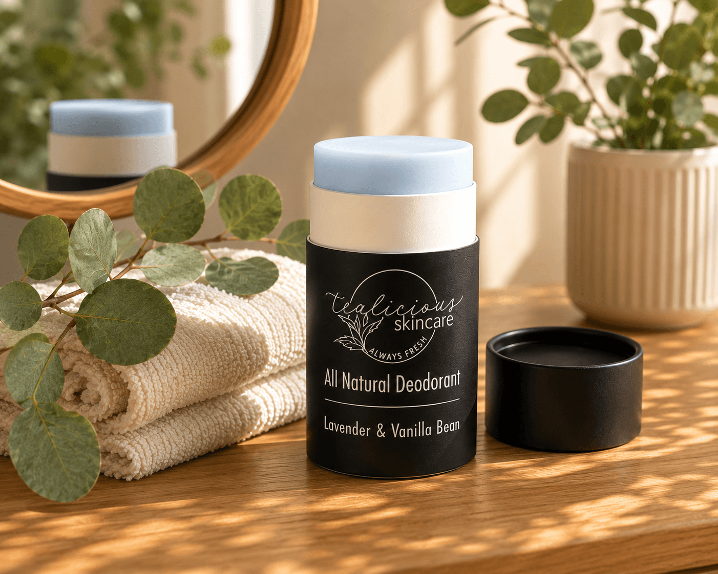 licious Skincare Lavender & Vanilla Bean baking soda free deodorant in a minimalist, warm morning light setting.