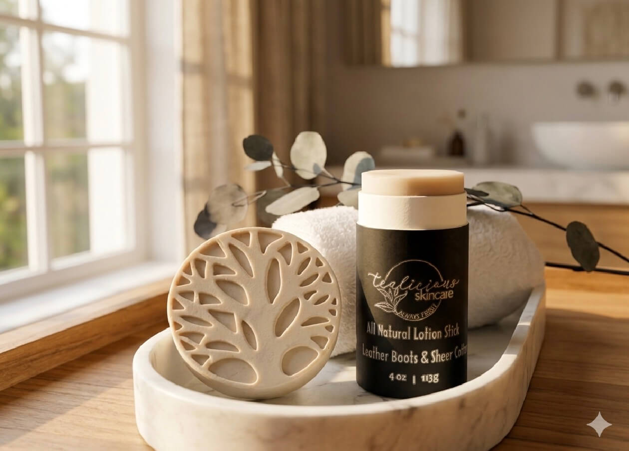 Tea-licious Skincare Leather Boots and Grit all-natural lotion stick on a marble vanity next to a rolled white towel.