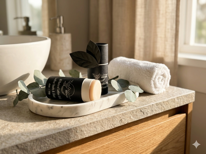 Tea-licious Skincare Leather Boots and Shea lotion stick on a marble tray next to a white towel and eucalyptus in a bright bathroom.