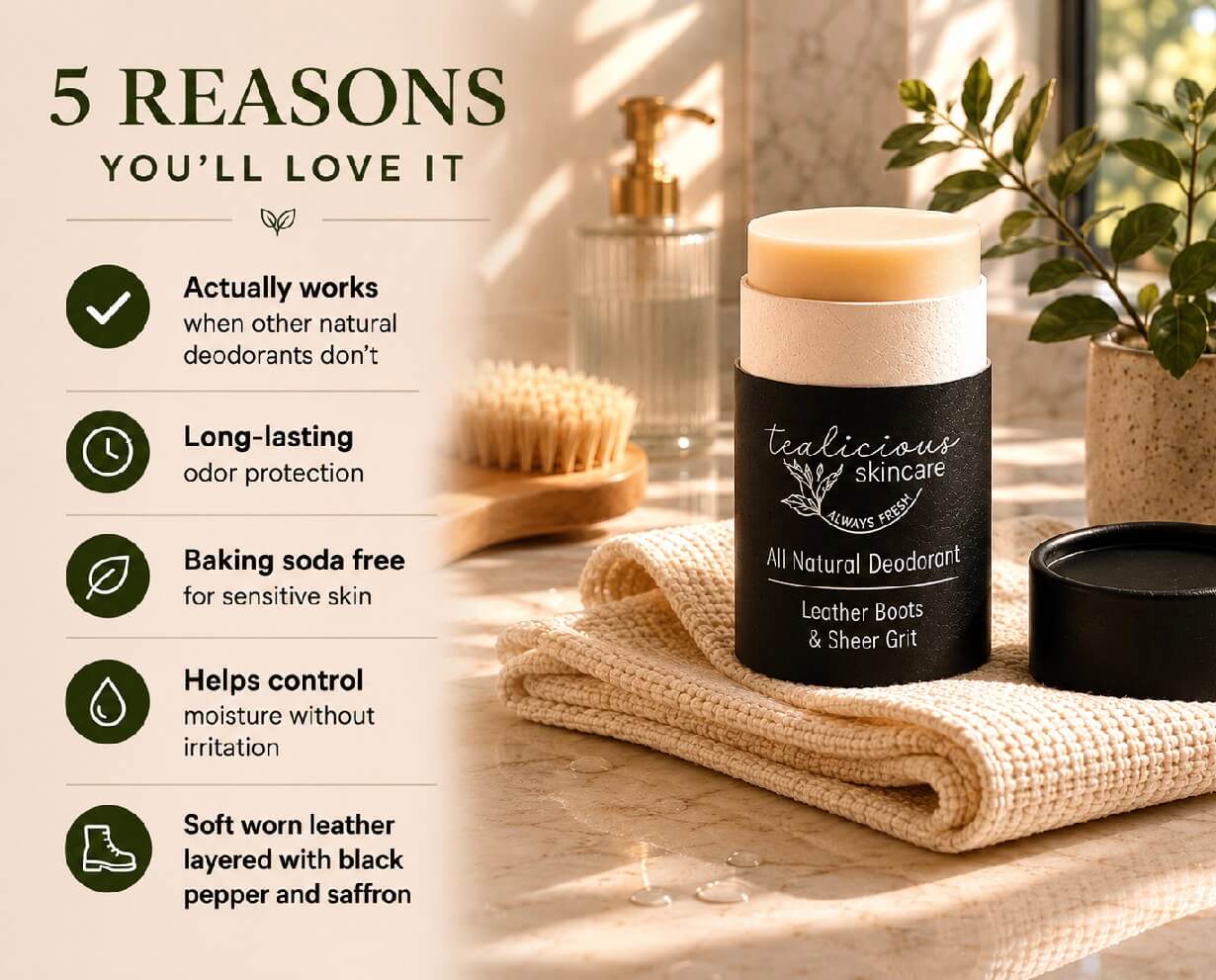 Tea-licious Skincare Leather Boots & Sheer Grit baking soda free deodorant shown with five key benefits including its soft worn leather, black pepper, and saffron scent profile