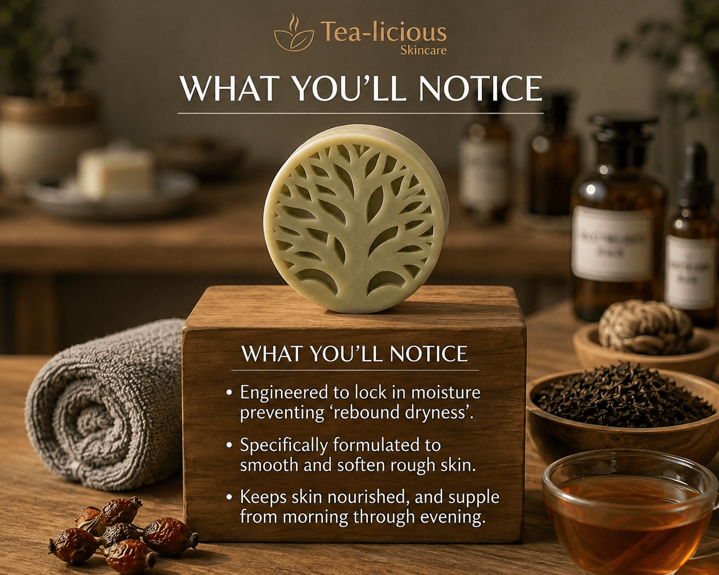 Light sage Tea-licious Skincare men's solid lotion bar sitting on a wooden block featuring product benefits: engineered to lock in moisture, smooths rough skin, and keeps skin nourished all day