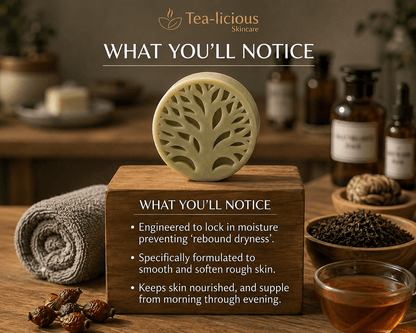 Light sage Tea-licious Skincare men's solid lotion bar sitting on a wooden block featuring product benefits: engineered to lock in moisture, smooths rough skin, and keeps skin nourished all day