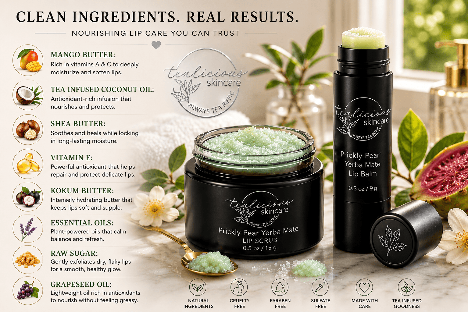 Tea-licious lip care ingredient benefits graphic featuring botanical oils, butters, and tea-infused care.