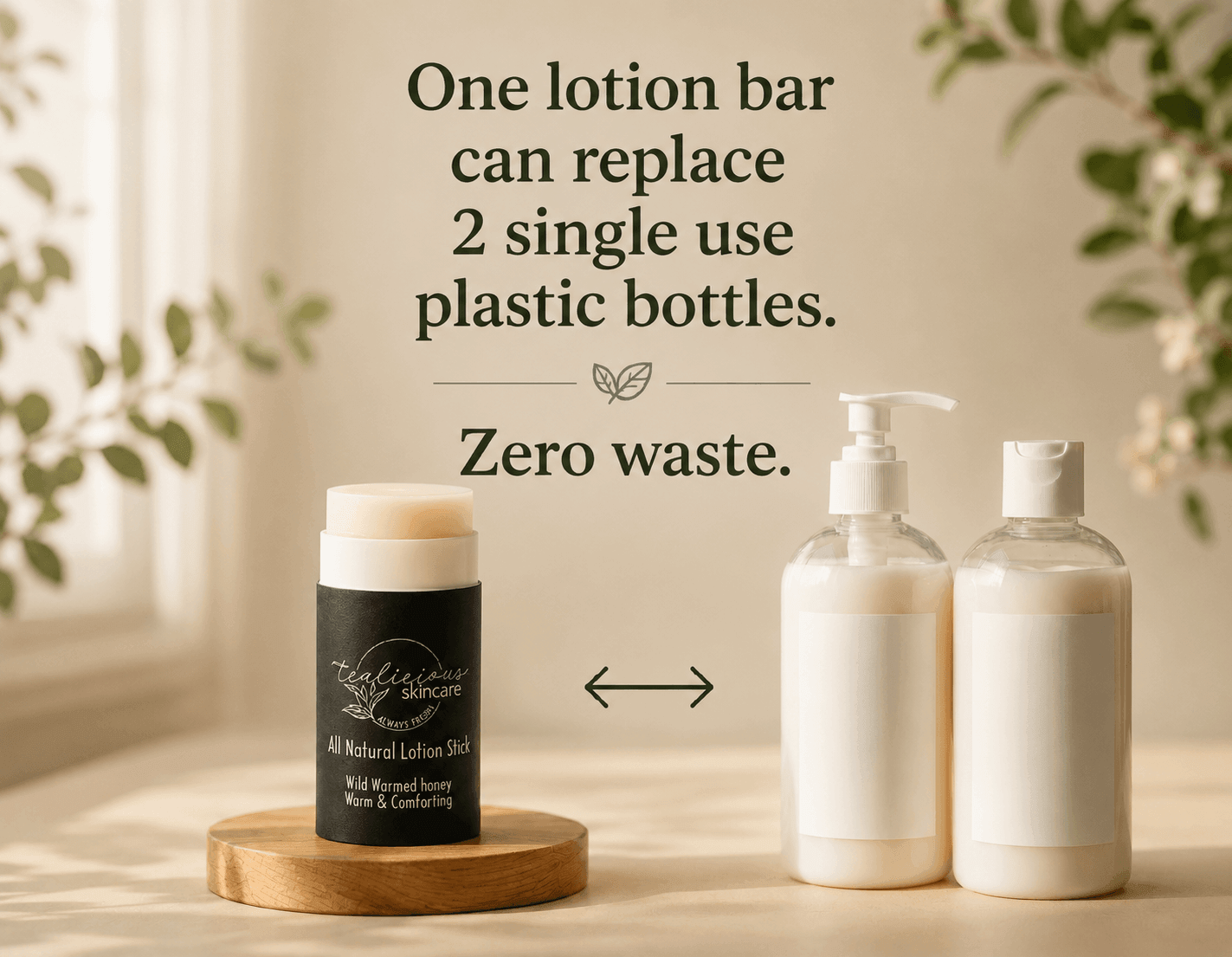 Tea-Licious Skincare Wild Warmed Honey Lotion Stick shown beside two traditional lotion bottles with text highlighting that one lotion stick can replace two single-use plastic bottles for a zero-waste skincare routine.