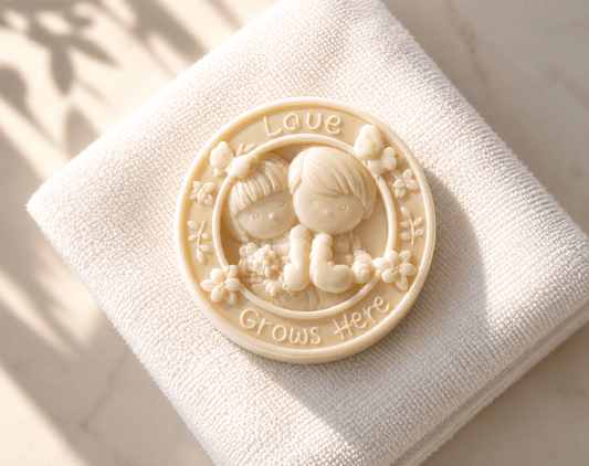 Tea-licious Love Grows Here baby massage bar resting on folded white towel in soft natural sunlight.