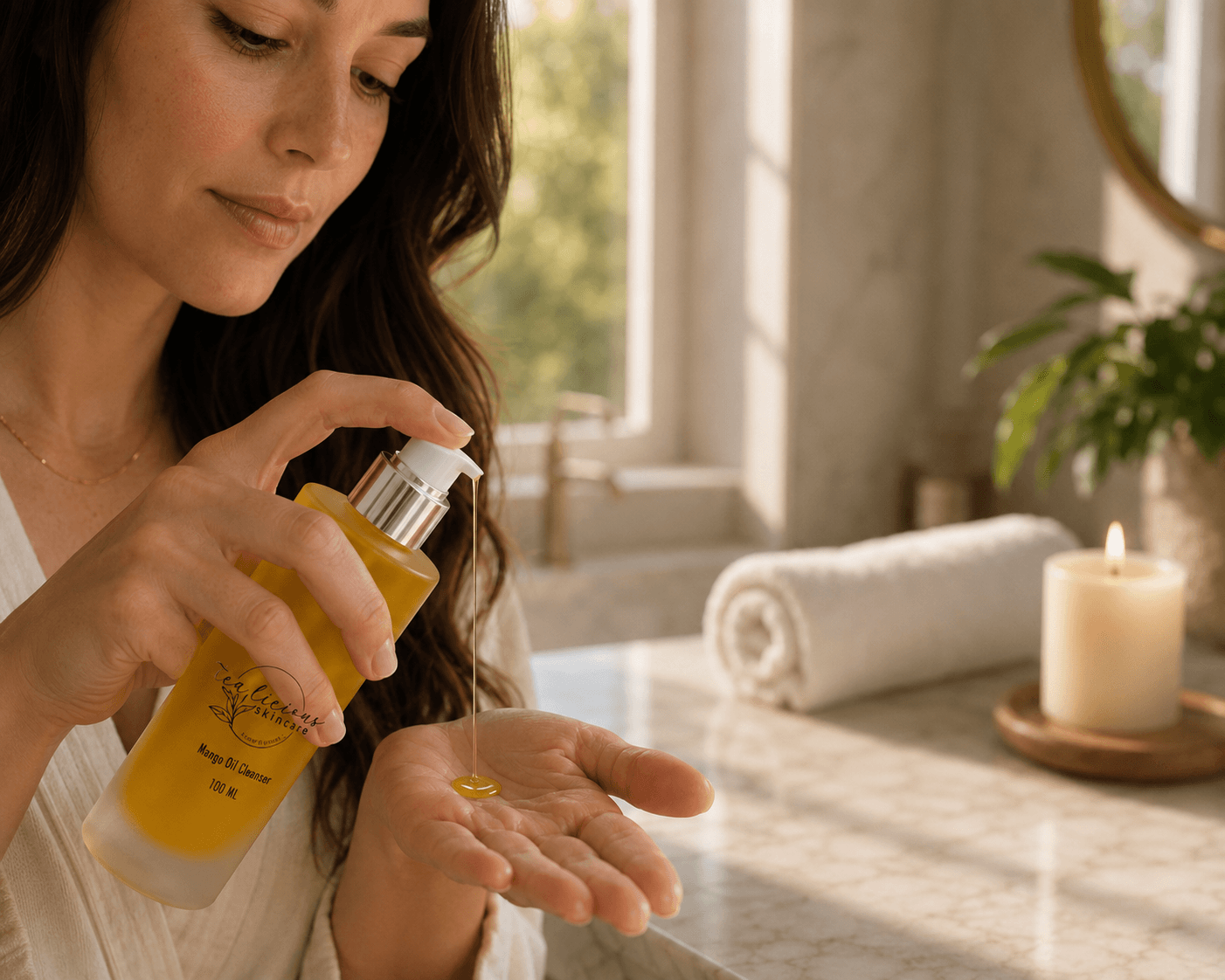 Woman dispensing Tea-licious mango oil cleanser into hand in warm spa bathroom with real skin texture