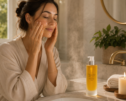 Woman using Tea-licious mango oil cleanser on face in warm steamy bathroom with real skin texture