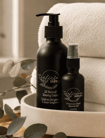 Tea-licious men’s grooming beard oil and shaving cream in elegant bathroom with soft morning light